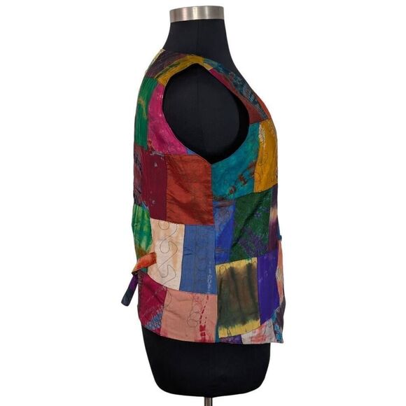 VTG L 80s 90s Silk Patchwork Vest Boho Hippy Festival Blossom Art Renfair Pirate - Picture 4 of 9